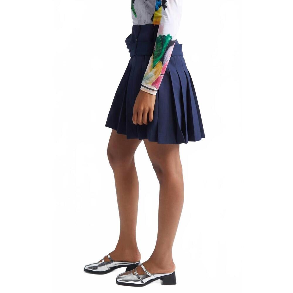 NEW STINE GOYA belted pleated mini skirt in dark blue - Picture 2 of 5